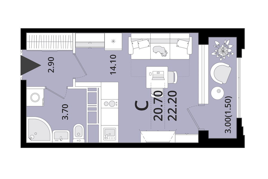 Квартира студия 22.2 м², 11/13 эт., ЖК «Тайм Сквер»